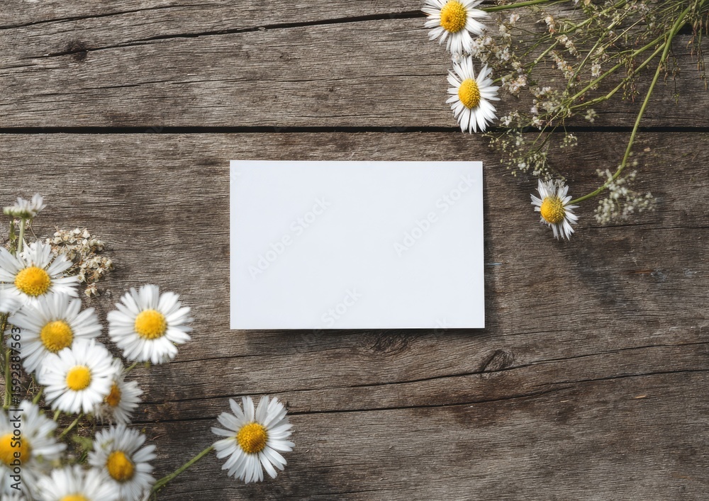 Obraz premium Blank card surrounded by daisies on weathered wood
