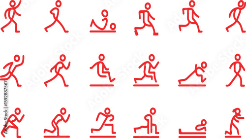 Red line art illustrations of various exercises and human figure movement poses