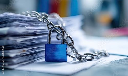 Stack of documents secured by a padlock and chain