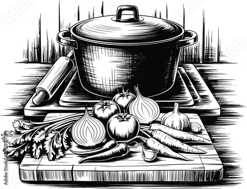Cooking Pot and Vegetables Vector, Kitchen Preparation Black and White Illustration.

