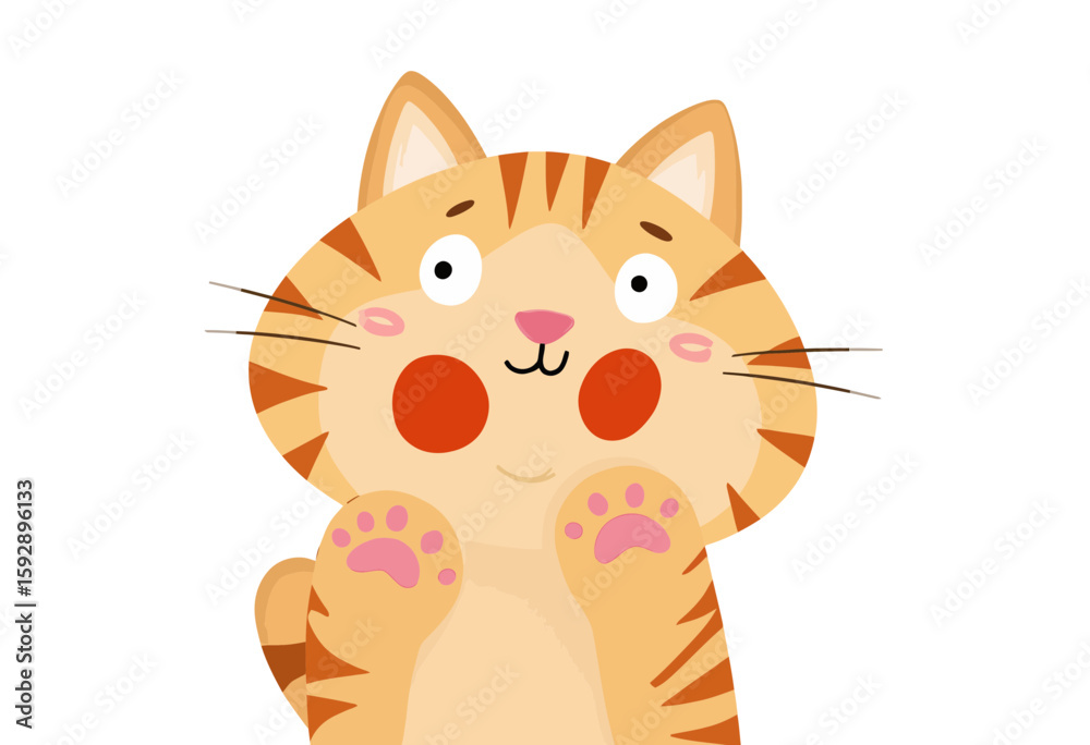 Fototapeta premium Cute cartoon orange cat with pink paws and cheerful expression 