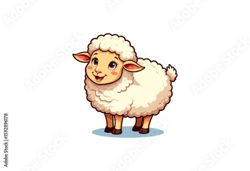 Cute cartoon sheep standing with a happy expression on white background  