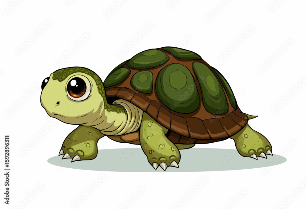 Obraz premium Cute cartoon turtle with big eyes walking on white background 