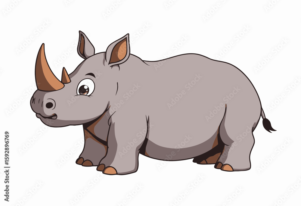 Fototapeta premium Cartoon rhinoceros character standing and smiling in playful style 