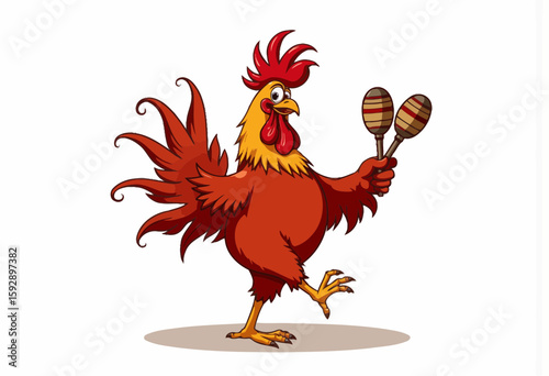 Cartoon rooster dancing and playing maracas with a joyful expression  