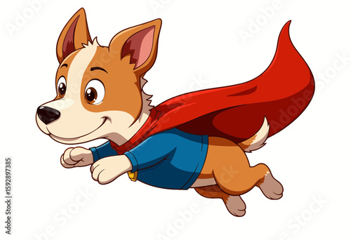 Cartoon dog flying with cape and smiling in superhero pose  