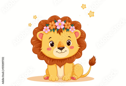 Cute cartoon lion with flower crown sitting in a playful pose  