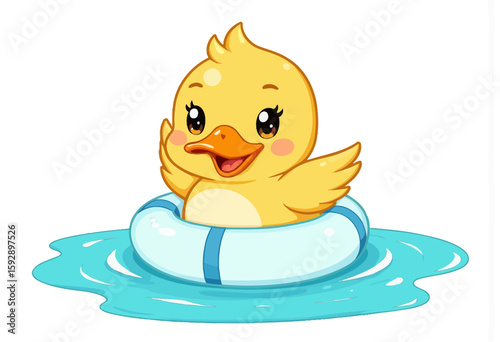 Cute cartoon duckling swimming in pool toy with cheerful expression  
