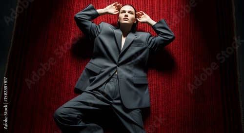 A woman in a dark suit poses dramatically against a deep red curtain creating a contrast of colors and textures with dramatic lighting.