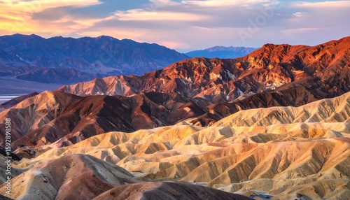 A panoramic view of a majestic mountain landscape under a stunning sunset sky, displaying varied textures and colors