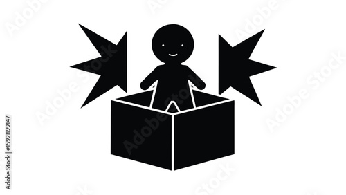Jack in the box icon with surprise elements in black and white