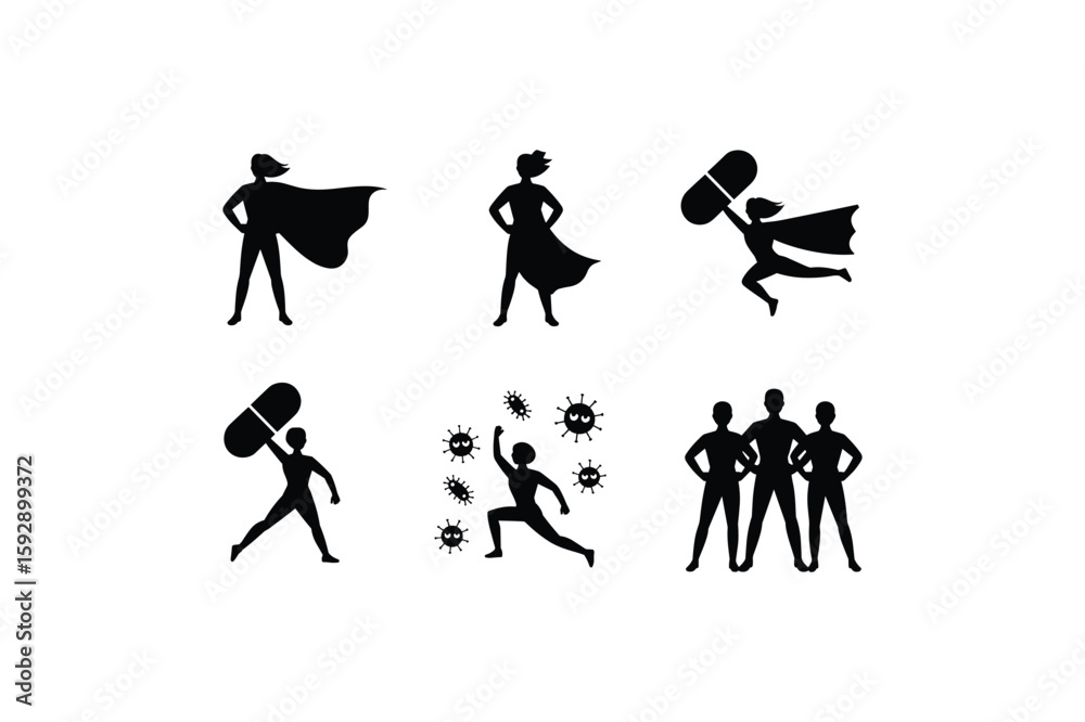 Fototapeta premium Superhero figures fighting viruses and holding pills vector