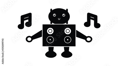Cute Musical Robot Illustration with Notes on White Background