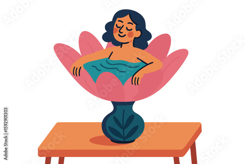 A cheerful woman surrounded by flowers tends to one, embodying self-love and a wholesome lifestyle, as depicted in a vector illustration of a smiling girl prioritizing her well-being