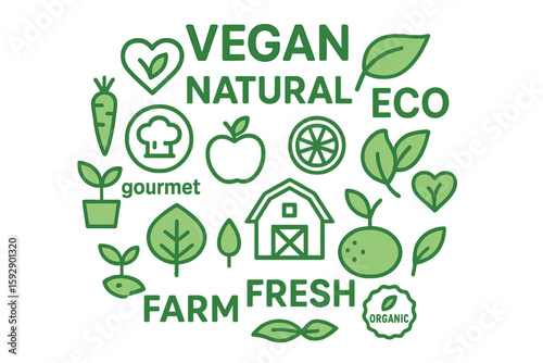 Hand drawn vector design elements for organic products packaging, healthy life promotion, restaurant, food market, ecommerce, including icons and elements representing organic food, eco, vegan and