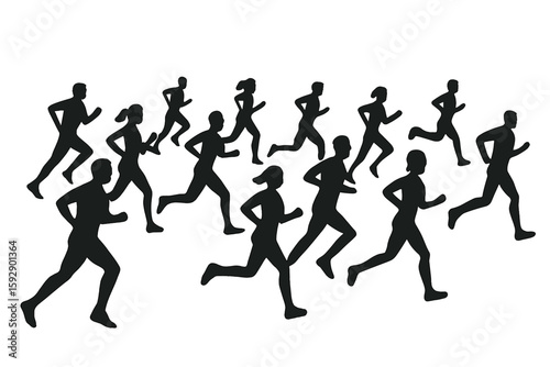 Isolated vector silhouettes of a set of running people, including men and women runners