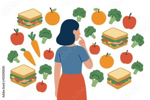 Flat vector illustration of a woman deciding between nutritious and unhealthy food options, comparing fast food to a balanced diet, featuring a female cartoon character practicing healthy eating
