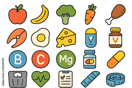 A set of flat line icons related to nutrition, including diet food and nutritional elements such as protein, fat, and carbohydrates, is available as vector illustrations for a fit body, with outline