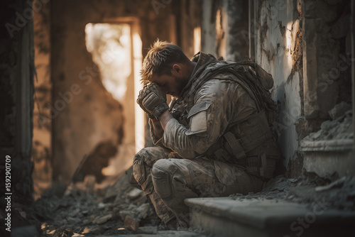 A man in a military uniform is kneeling and praying