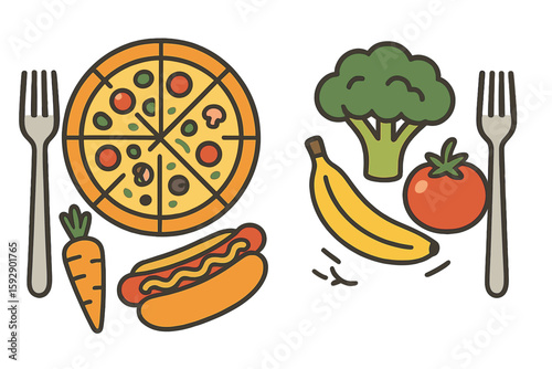 Unhealthy fast food versus nutritious eating, a contrast of poor and wise product choices, including detrimental junk food and beneficial organic options, highlighting the disparity between greasy