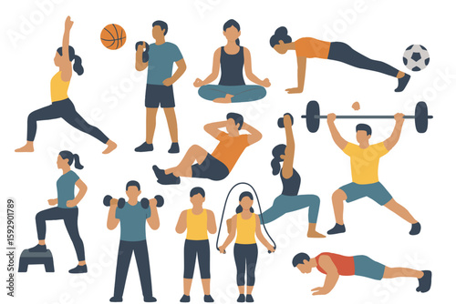 Vector illustration set depicting athletic men in sport outfits, showcasing various physical training exercises including stretching, jogging, and weight lifting, highlighting strong guys engaged in