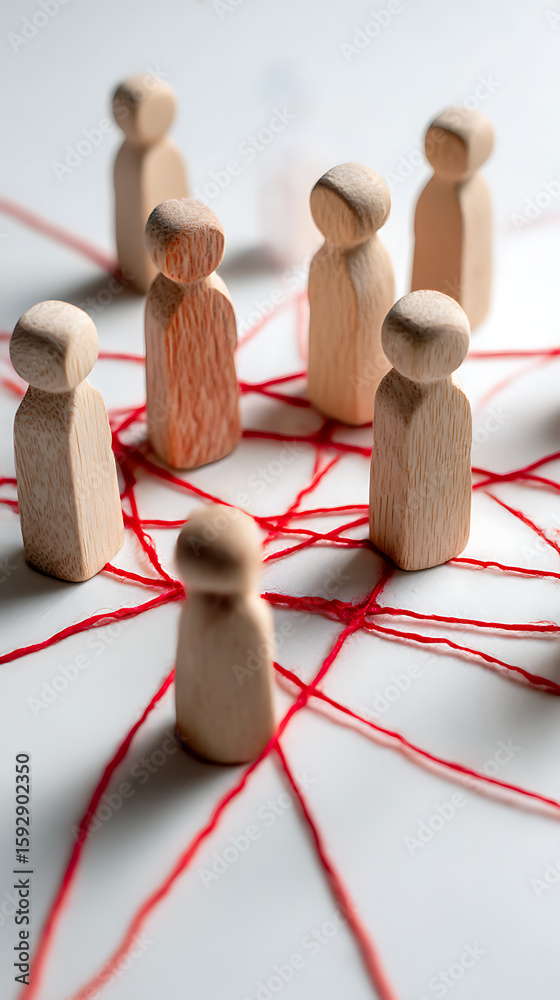 Obraz premium Wooden figures connected by red threads people connection
