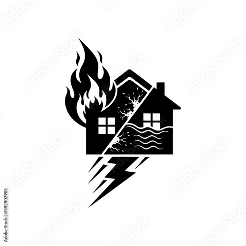 House graphic showing fire, mold, water damage, and lightning strike in black and white vector design