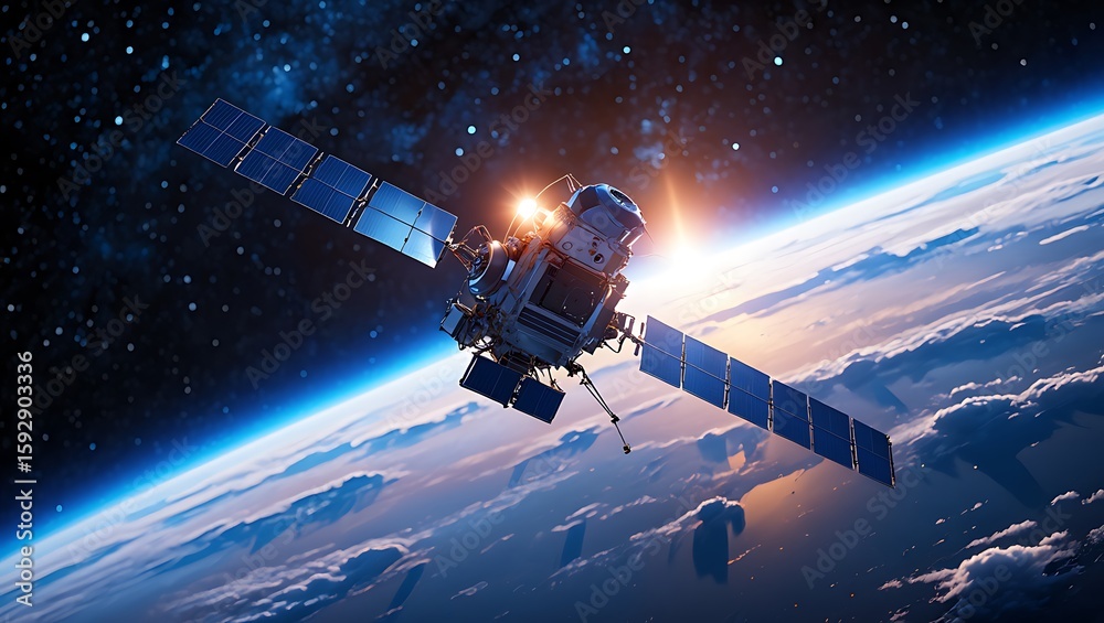 Obraz premium Orbital Spacecraft Navigating Above Planet Earth's Atmosphere At Sunrise