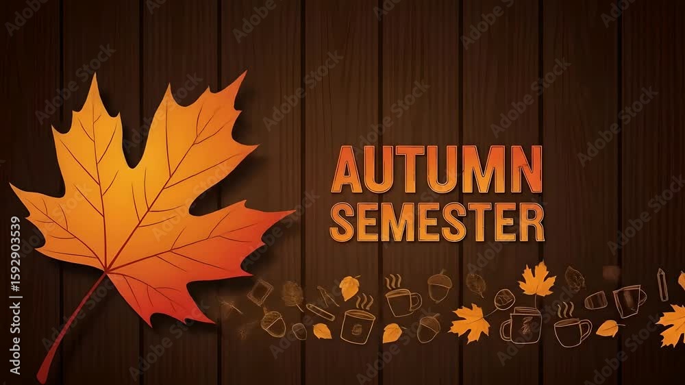 Autumn semester motion graphic. Animated leaf, coffee cup, acorns, academic symbols. Back to school, education, seasonal, fall promotions, university and learning projects.