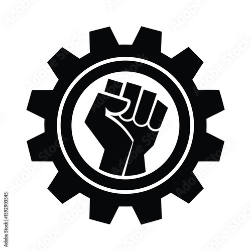 Black and White Icon of a Fist in a Gear