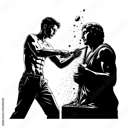 A monochrome illustration of a hand firmly gripping a chisel against a white background space area