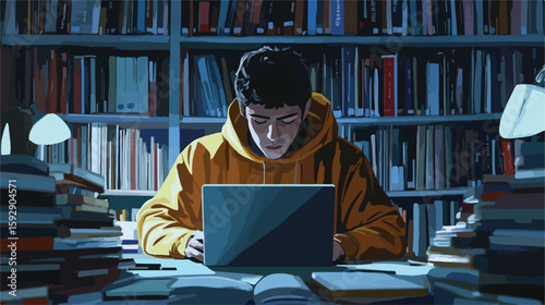 Student studying with laptop flat vector illustration