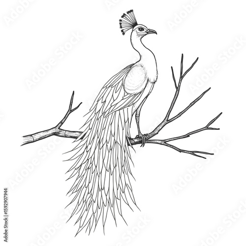 Detailed pencil sketch of a peacock perched on a branch, artistic illustration with copy space