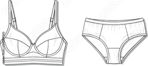 Women’s lingerie technical sketch, bra and panty set CAD drawing, flat vector fashion template, intimate wear illustration, apparel mockup