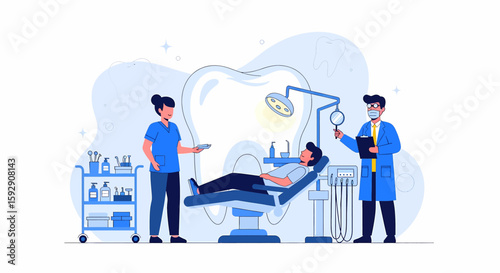 Adobe illustrator vector flat style illustration of a patient in a dentist's chair, attended by a dentist and assistant. Perfect for dental care, oral hygiene, and dentistry concepts