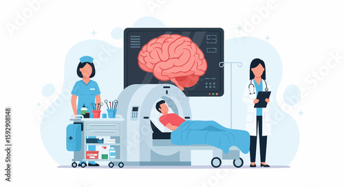 Adobe illustrator vector flat style illustration of a patient undergoing a CT scan of the brain, with doctors and nurses monitoring. Ideal for neurology, diagnostics, and medical technology