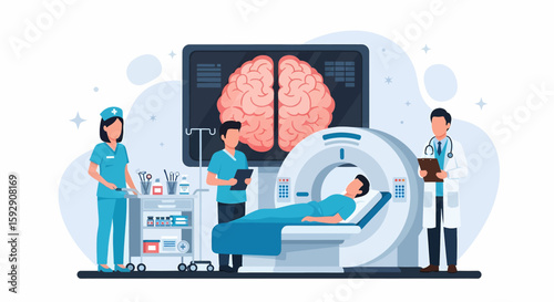 Adobe illustrator vector flat style illustration of a patient undergoing a CT scan of the brain, with doctors and nurses monitoring. Ideal for neurology, diagnostics, and medical technology