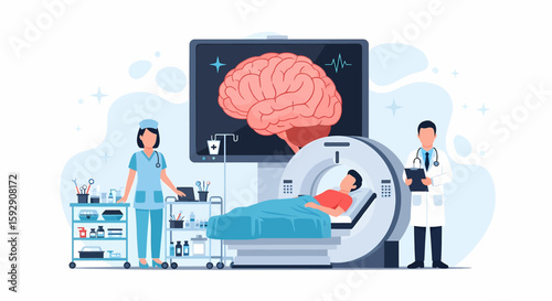 Adobe illustrator vector flat style illustration of a patient undergoing a CT scan of the brain, with doctors and nurses monitoring. Ideal for neurology, diagnostics, and medical technology