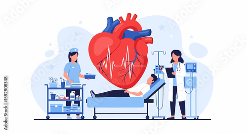 Adobe illustrator vector flat style illustration of a patient with a heart attack, surrounded by medical staff and equipment. Perfect for cardiology, emergency, and health awareness themes
