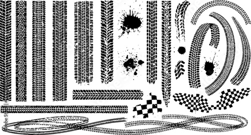 Tire tracks after skidding, launch, drift, powerslide in motorsport, rally, off-road, motocross. Wheel texture with splash effect. Vector, EPS version.