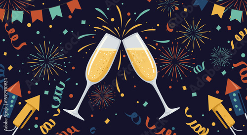 Celebration with two champagne glasses and festive fireworks background  