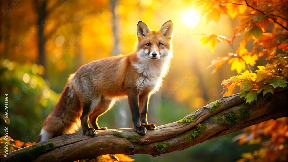 Fototapeta premium A red fox stands alert on a tree branch in a sundrenched autumn forest