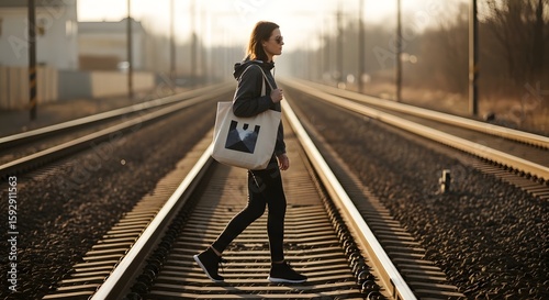 Woman walking across railroad tracks carrying a tote bag in daytime light with sunglasses. Black outfit, sunlit scene, and rails extend.