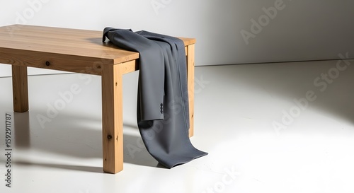 Wooden table with gray cloth on a white surface creating a minimalist scene with natural light and shadow play.