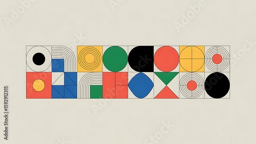 Geometric composition creates a modern, playful abstract background with colorful shapes like circles, triangles and squares on a neutral beige backdrop.