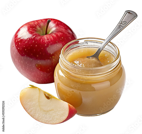 Delicious homemade applesauce recipe with fresh red apples and sliced apple garnish in jar image