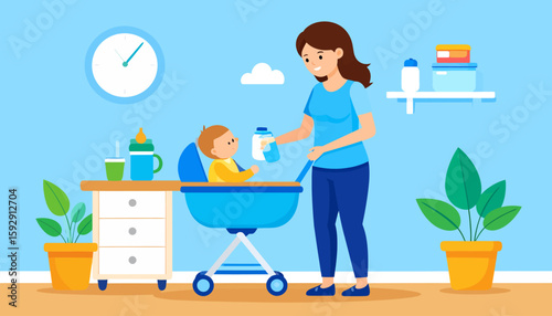 Mother Feeding Baby in High Chair: Cartoon Illustration