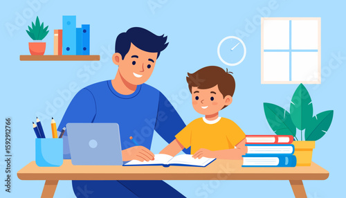 Father and Son Studying Together - Home Education Illustration