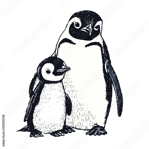 Charming hand-drawn penguin family sketch