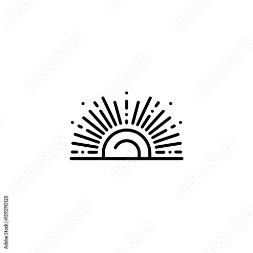 Stylized sun rises above horizon emitting rays in outline design minimalistic style